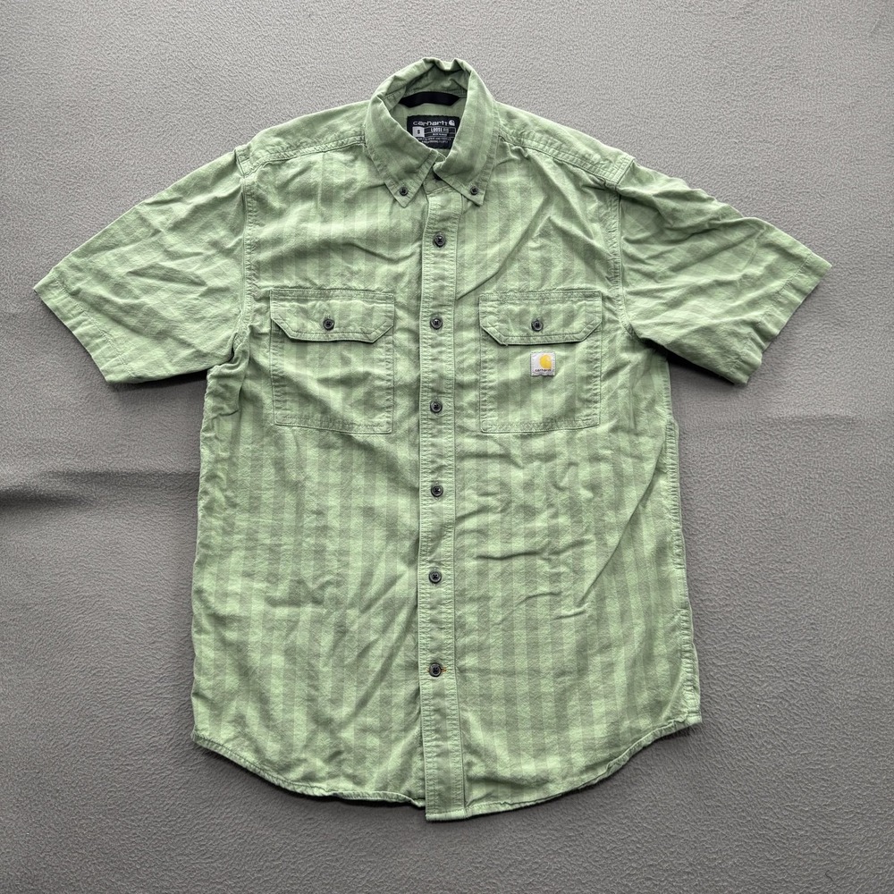 Carhartt Shirt Mens Small Green Striped Short Sleeve Button Down Loose Fit